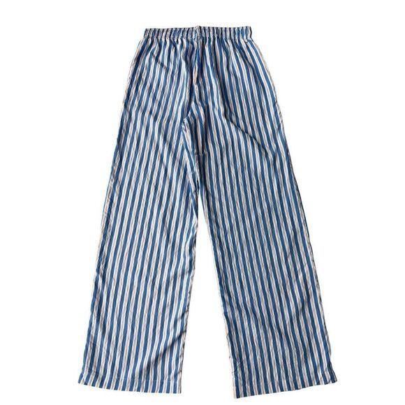 Bershka tie waist wide leg linen look trousers in blue & pink stripe Size M - Picture 6 of 9